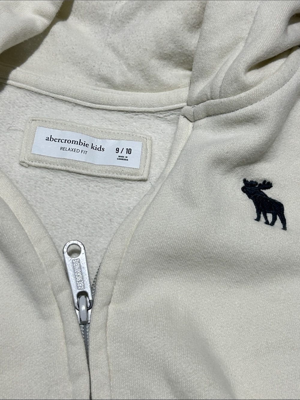 abercrombie kids Cream Zip Hoodie with Navy Moose Logo - Picture 5 of 8